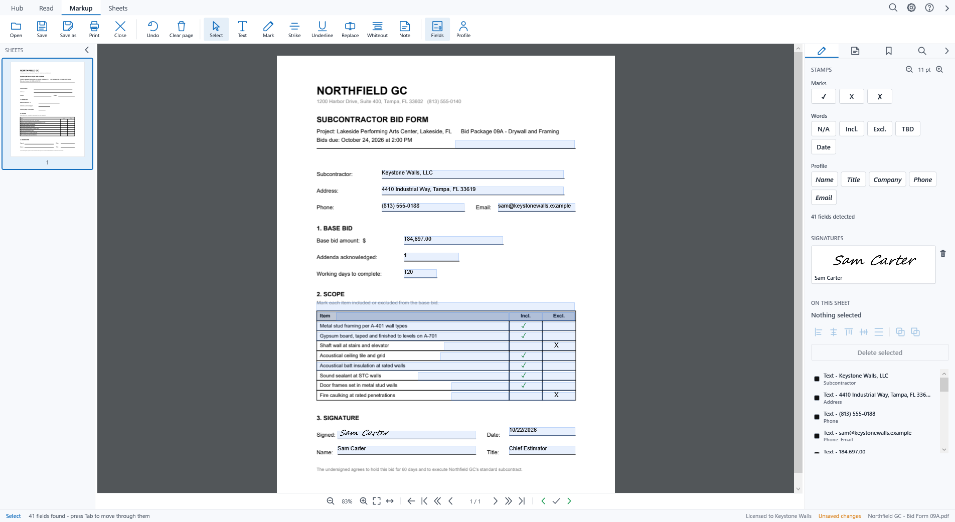 A printed bid form filled