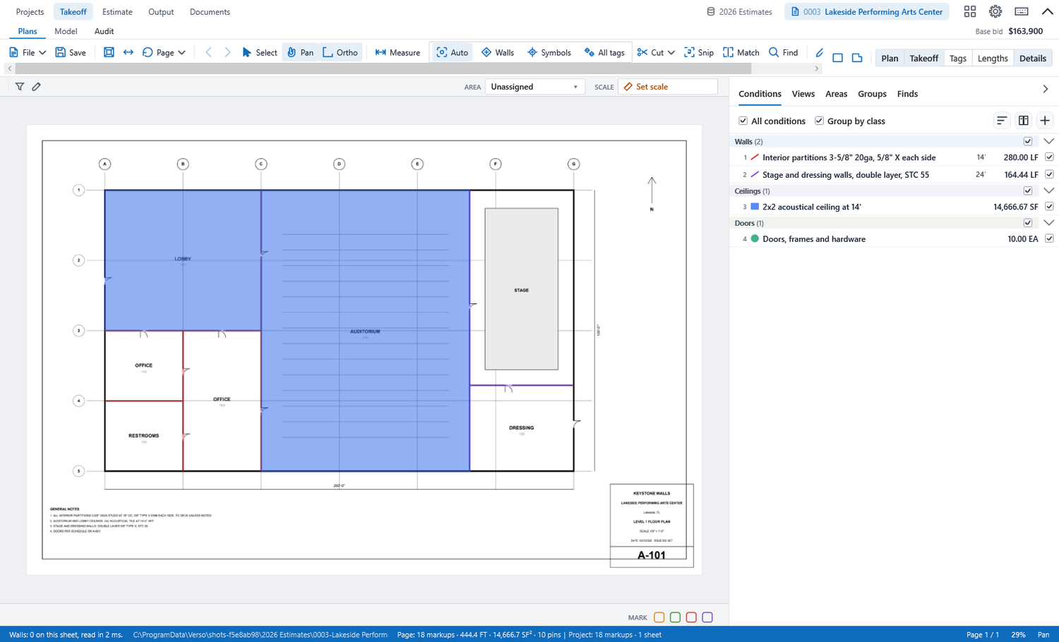 The takeoff drawn on a floor plan